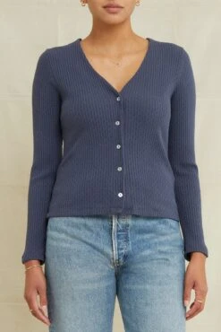 Bridgette Pointelle Rib Cardigan - Pacific Blue