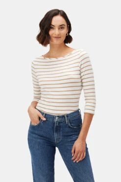 Francoise 3/4 Sleeve Dream Knit Tee - Ivory Camel Stripe