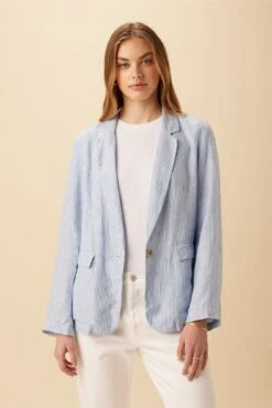 Tobie Linen Blazer - Blue Natural Stripe