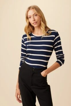 Berkeley Long Sleeve Dream Knit Tee - Navy White Stripe
